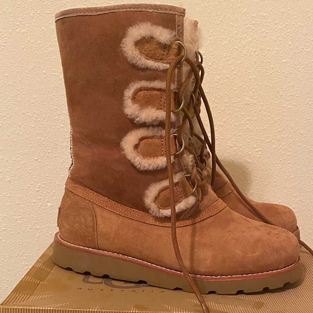 UGG Chestnut Lace-Up Shearling Trim Suede Boots - Picture 2 of 5